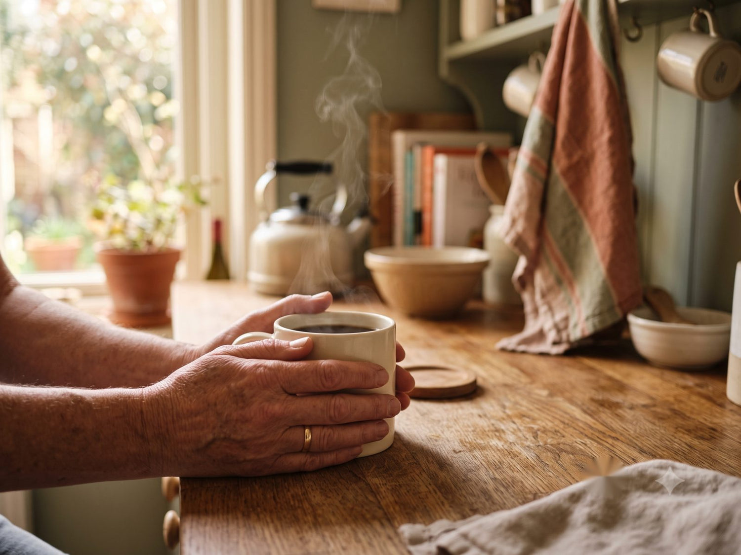 Two hands warming around a cream mug of coffee at a kitchen counter, morning light through the window.