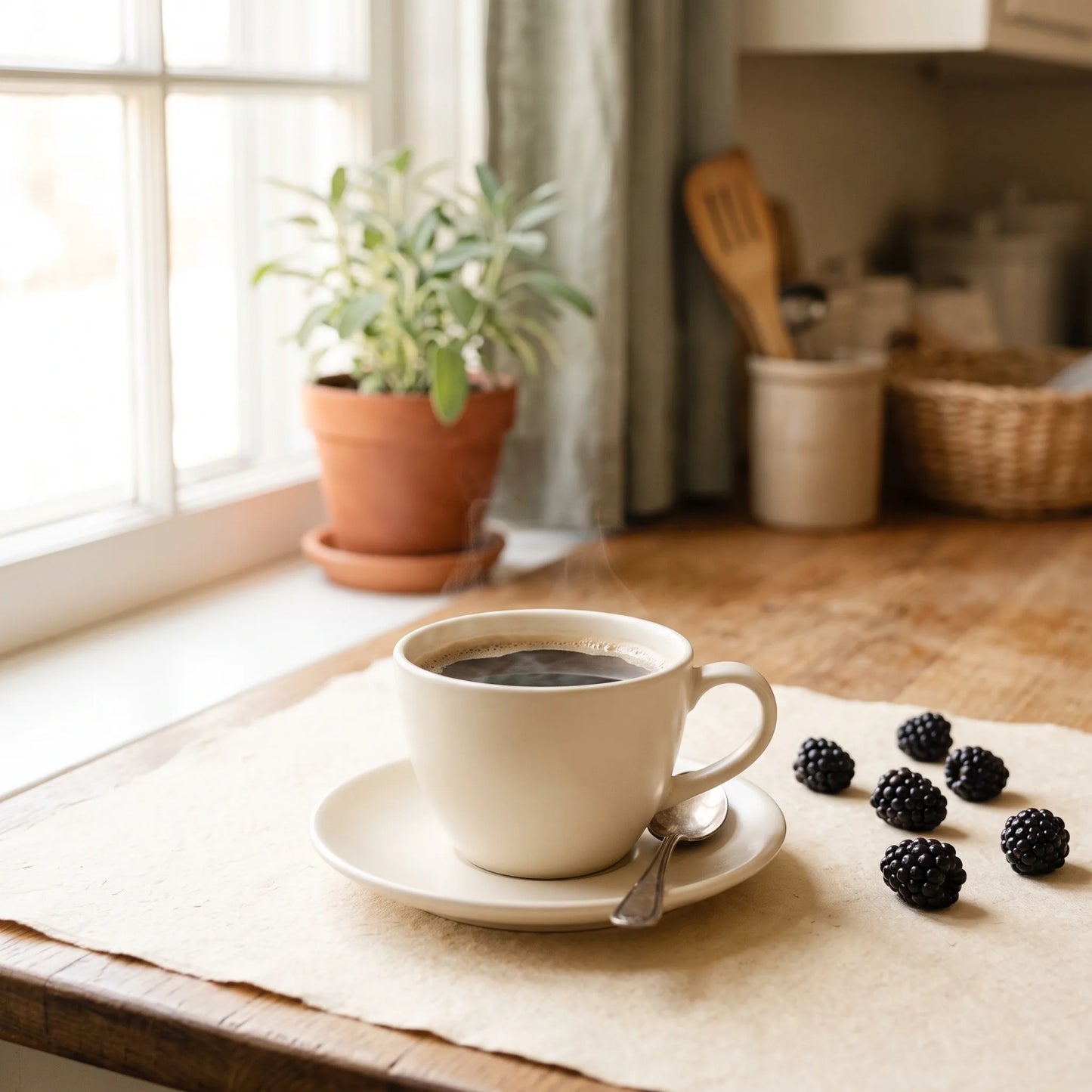 a bright cup with fresh blackberries, in a warm kitchen.