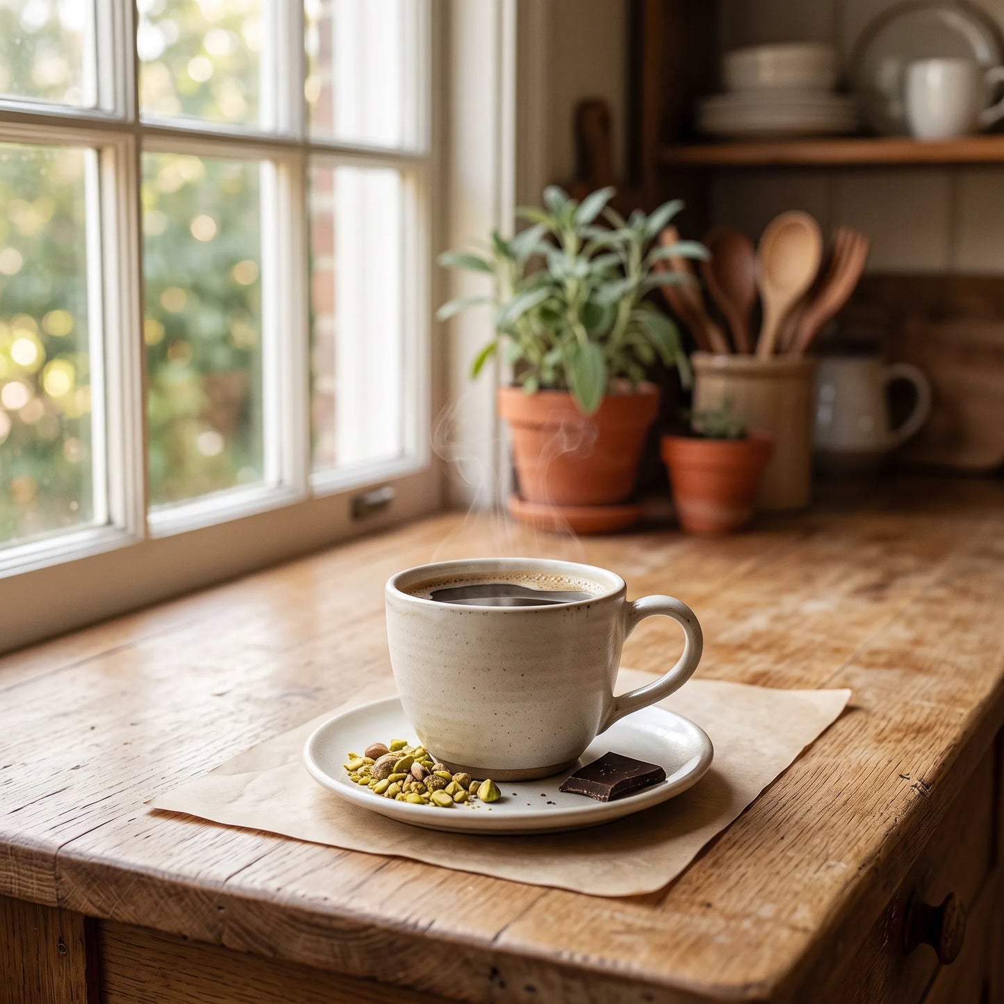 coffee with crushed pistachios and chocolate, in a warm kitchen.