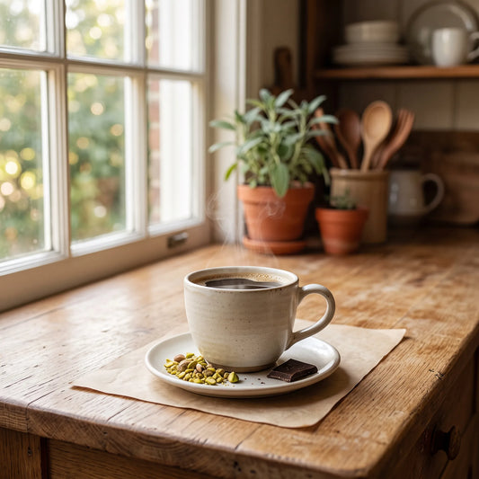 coffee with crushed pistachios and chocolate, in a warm kitchen.