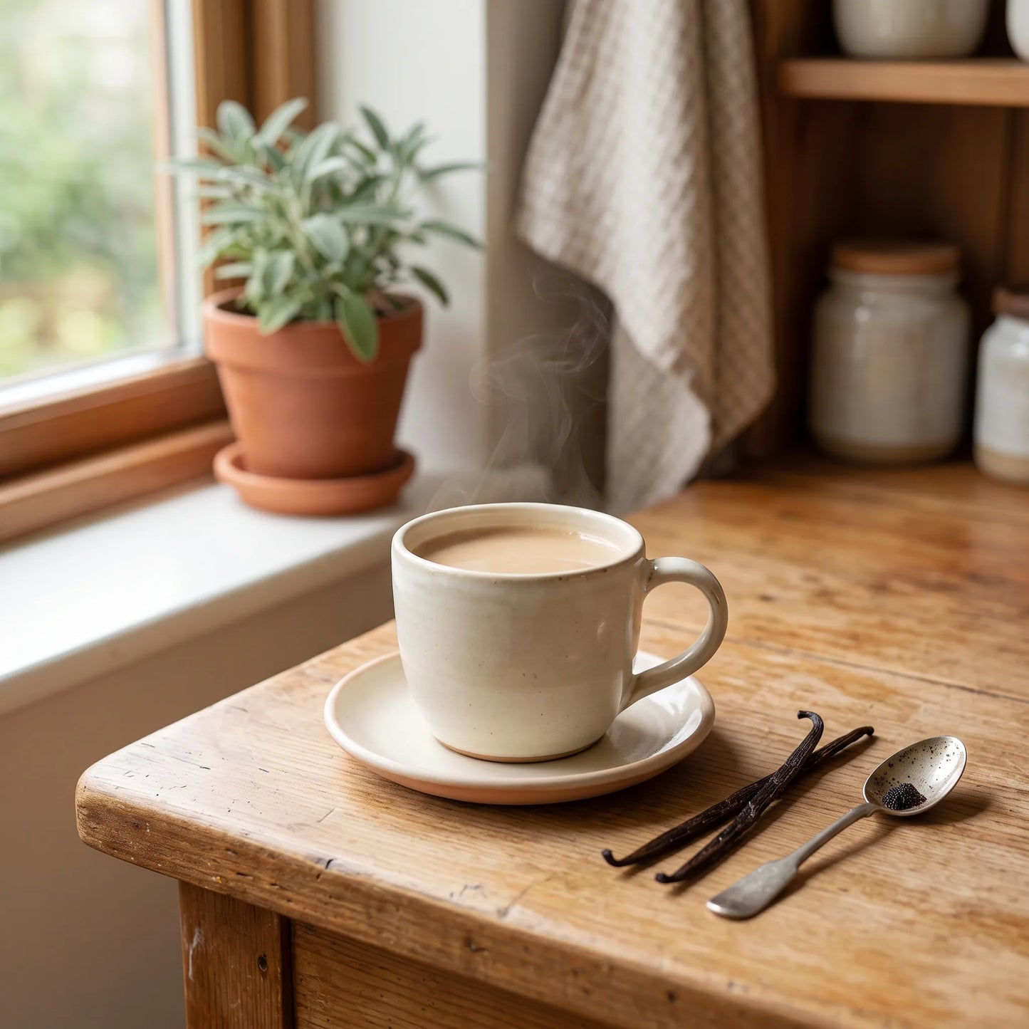a creamy coffee with a split vanilla pod, in a warm kitchen.