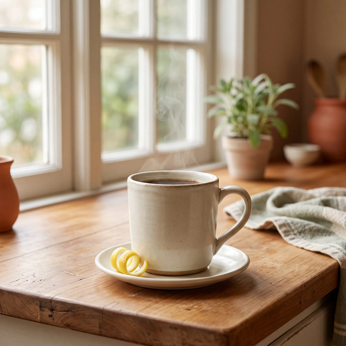 a bright, balanced coffee with a twist of lemon peel, in a warm kitchen.