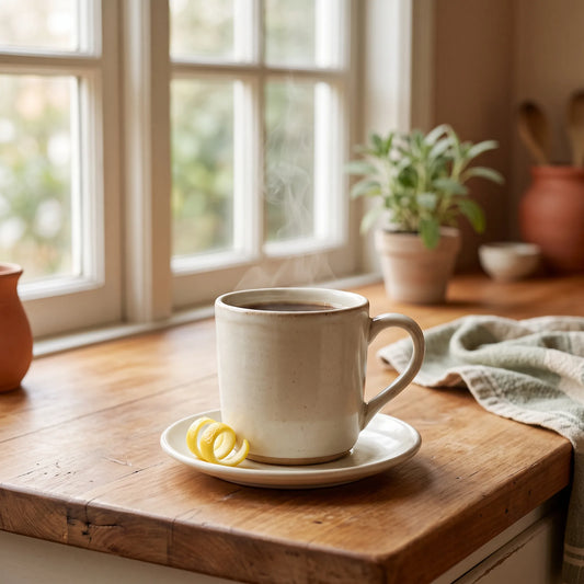 a bright, balanced coffee with a twist of lemon peel, in a warm kitchen.