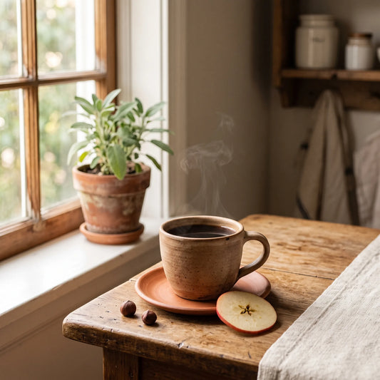 a rich coffee with an apple slice and hazelnuts, in a warm kitchen.