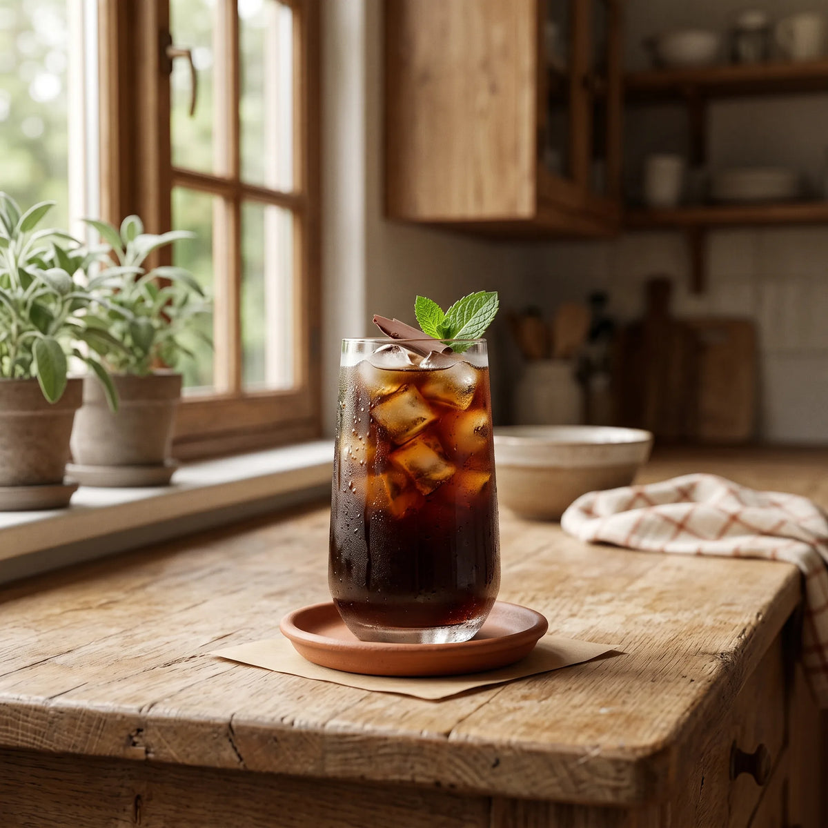 an iced coffee over ice with fresh mint and chocolate, in a warm kitchen.