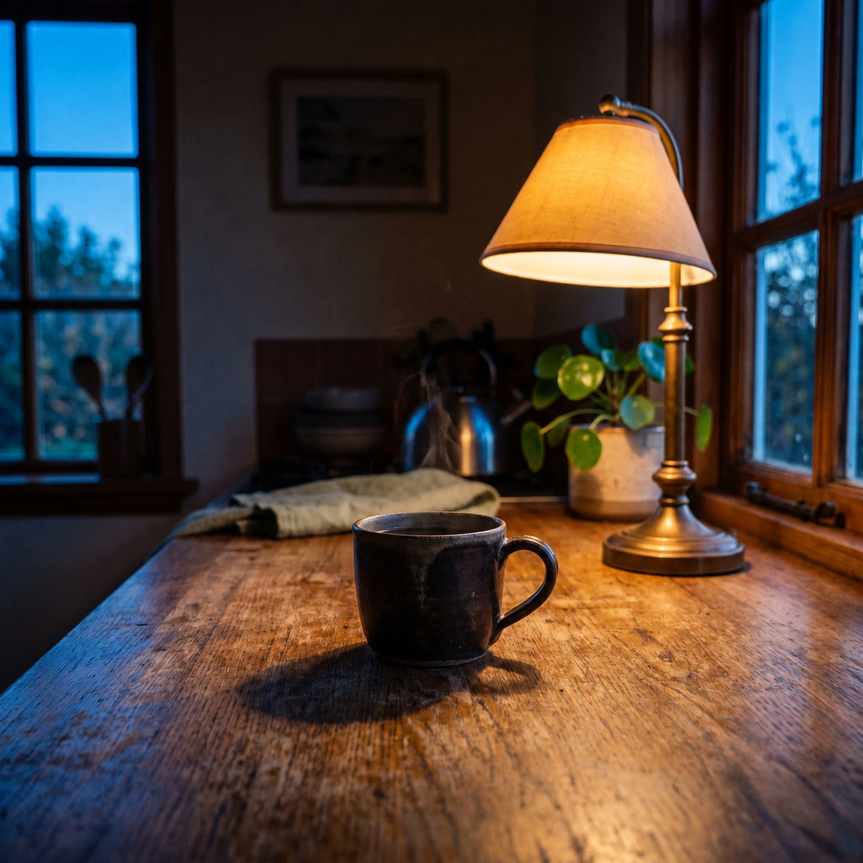 A mug of coffee on a wooden kitchen counter at dusk, lit by a warm table lamp beside a darkening window.