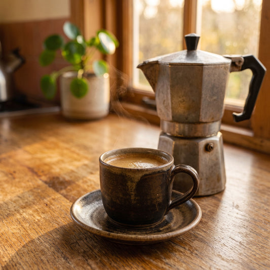 A dark stoneware espresso cup of coffee on a saucer beside a moka pot on a sunlit wooden kitchen counter.