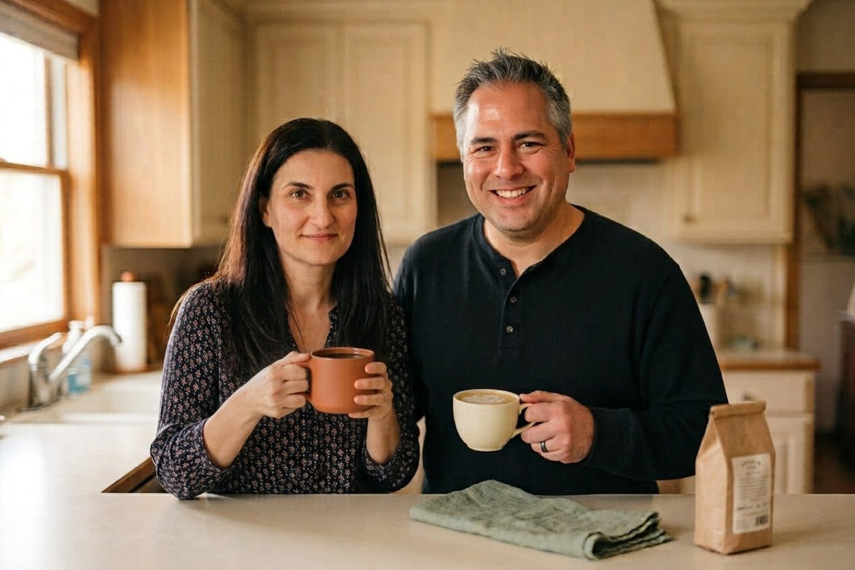 Michael and Nune, Nairi’s founders, at their kitchen counter with their morning coffee.