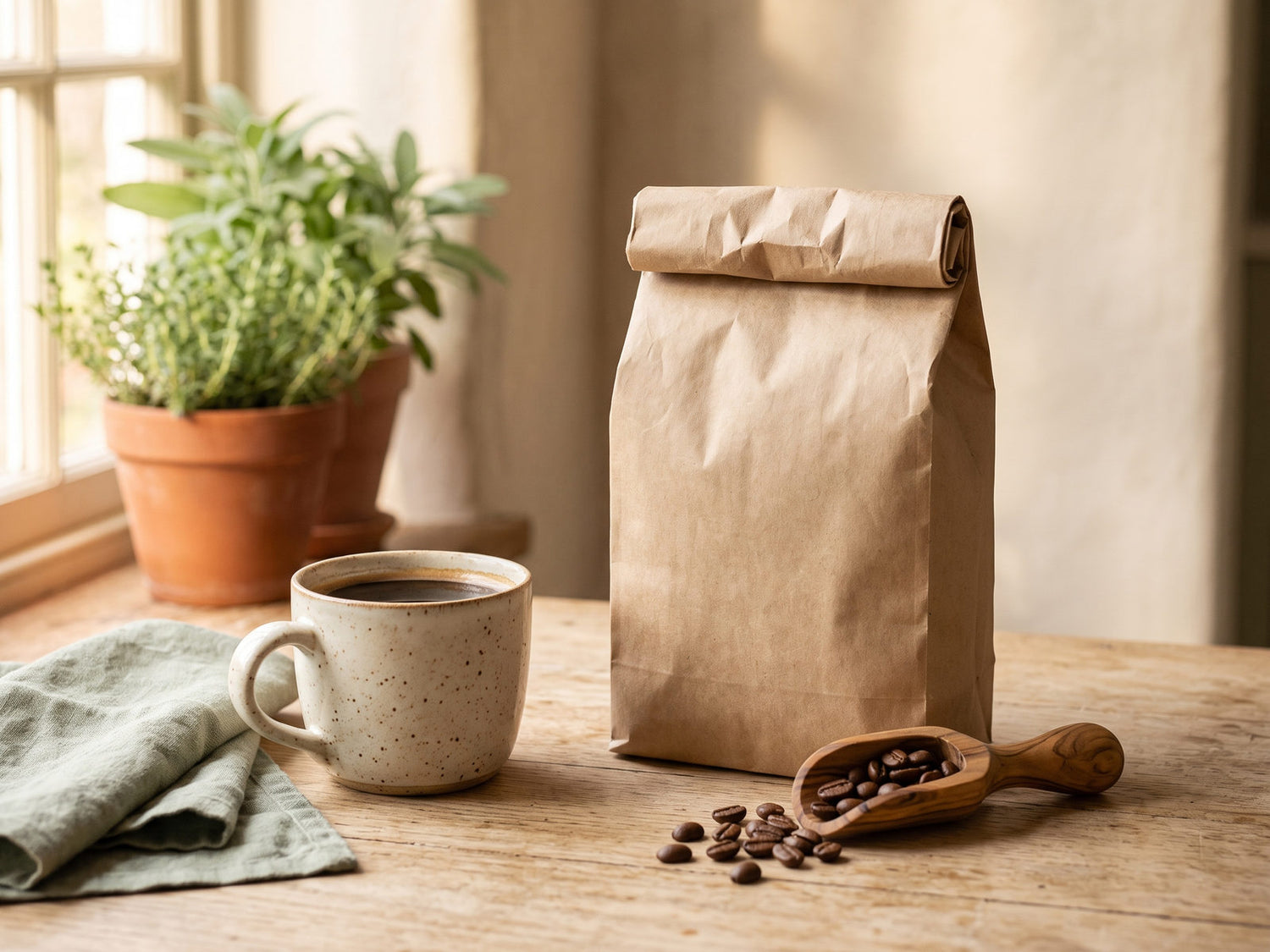 An opened kraft coffee bag rolled at the top beside a half-full mug, a wooden scoop of beans, and a sage linen towel on a sunlit kitchen table