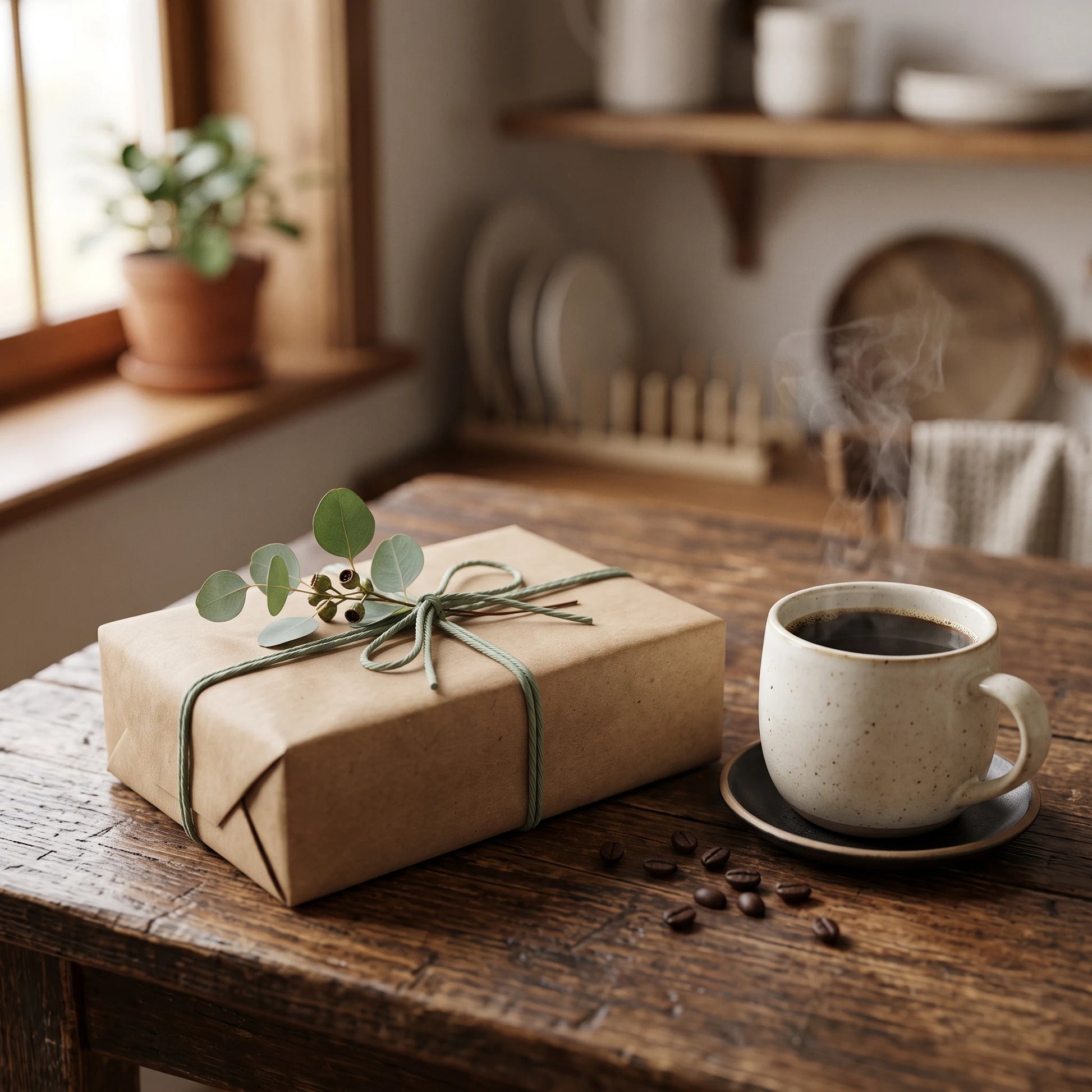 A paper-wrapped parcel tied with sage twine beside a steaming mug of coffee on a sunlit kitchen table.