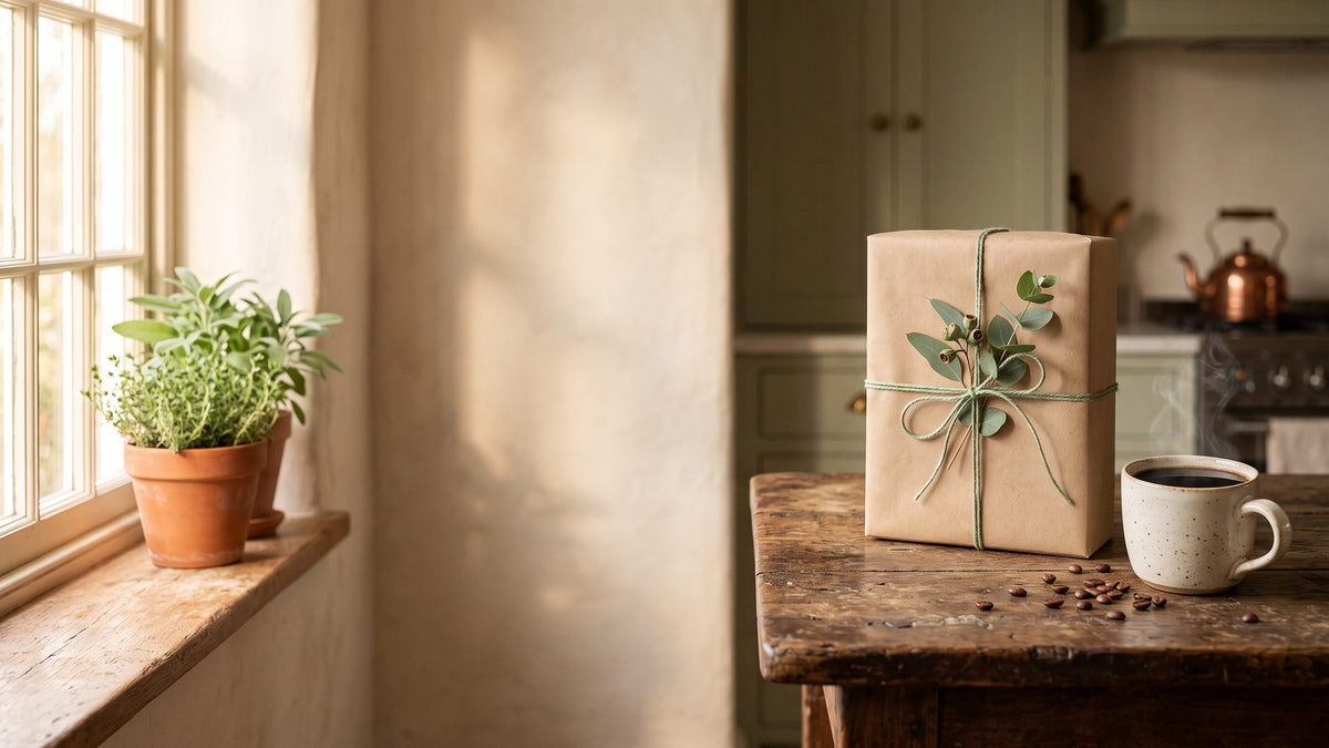 A paper-wrapped parcel tied with sage twine and eucalyptus beside a steaming mug of coffee on a rustic kitchen table, morning light from a window
