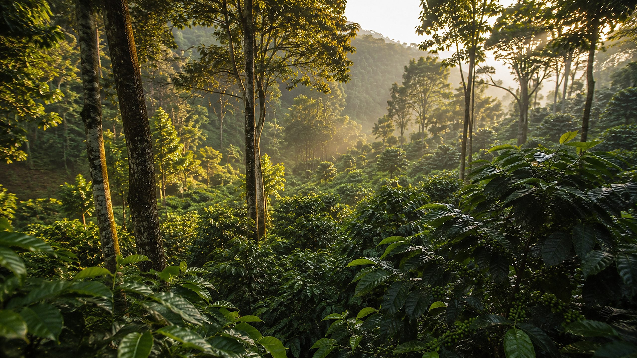 Coffee growing in warm morning light.