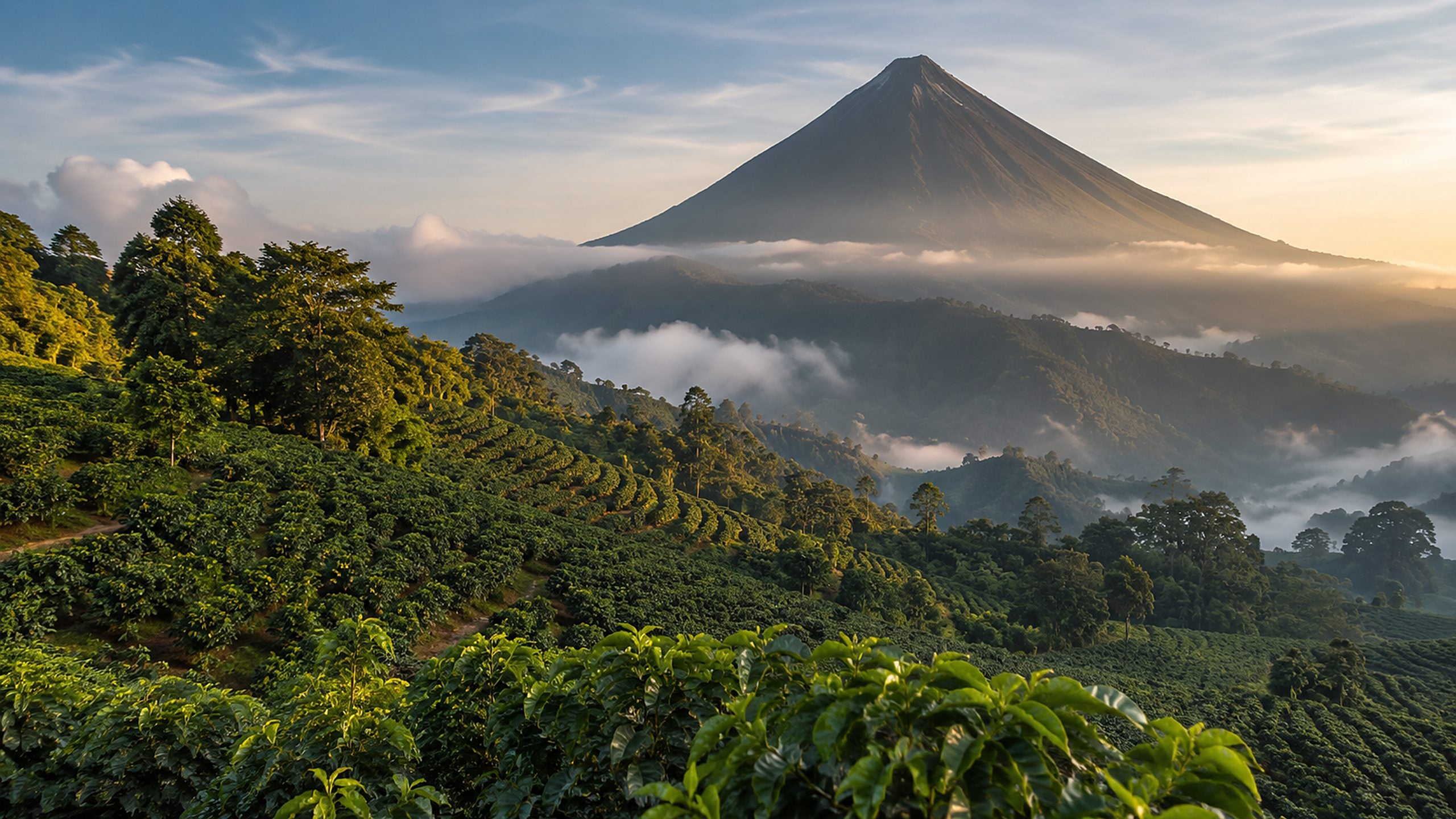 Coffee growing in warm morning light.