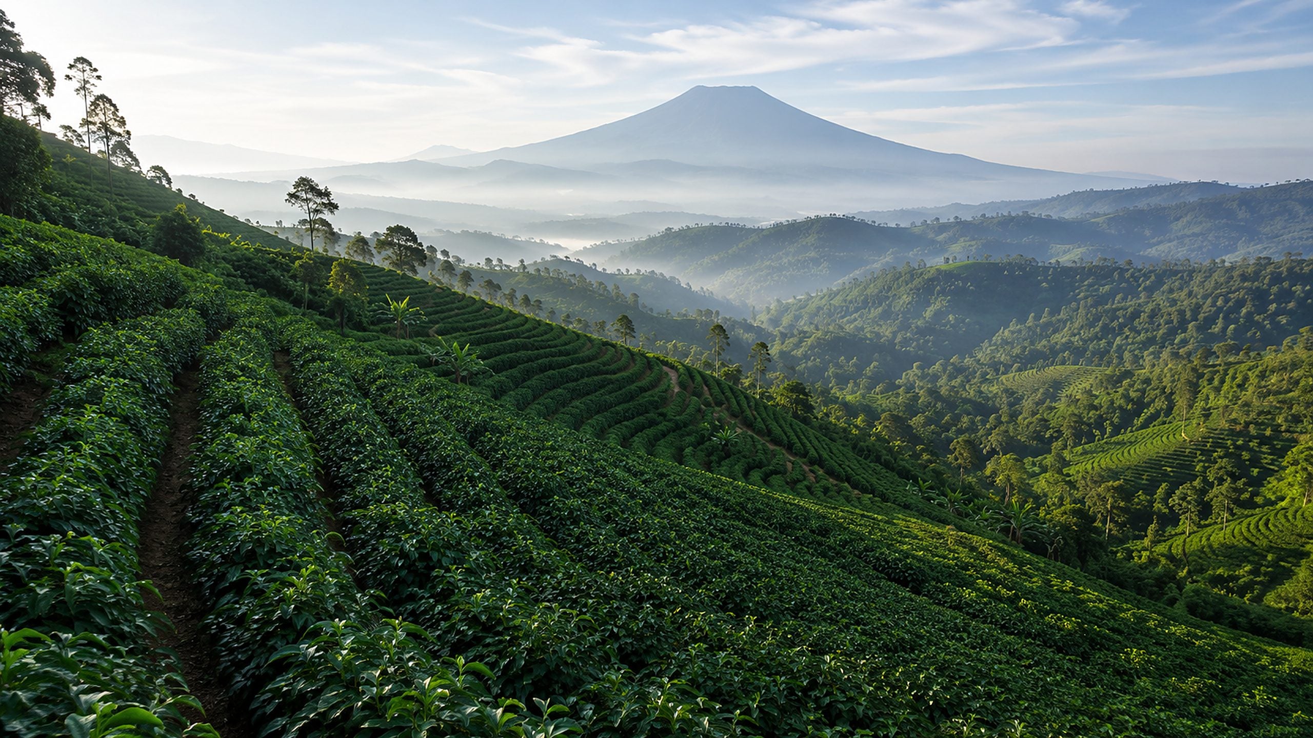 Coffee growing in warm morning light.