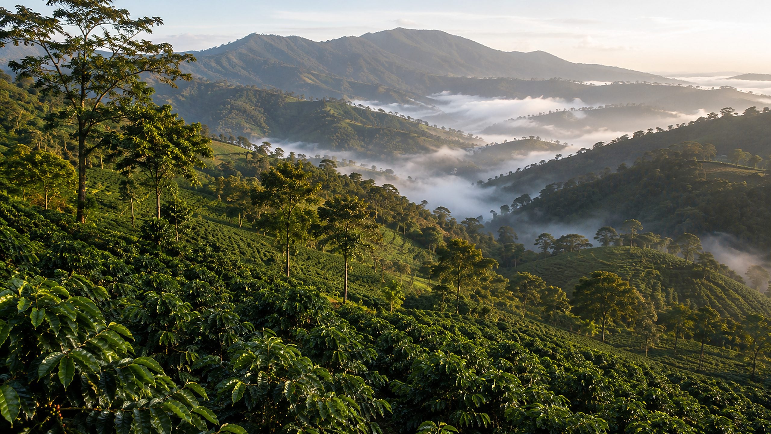 Coffee growing in warm morning light.