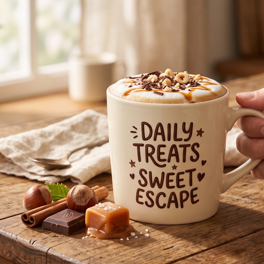 A cream-colored ceramic mug with the text 'DAILY TREATS SWEET ESCAPE' printed in dark brown, held by a hand on a rustic wooden table. The mug is filled with a hot drink topped with caramel drizzle, nuts, and chocolate shavings.