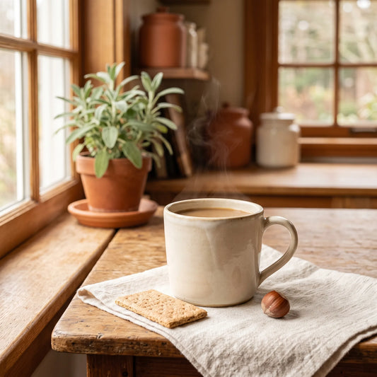 a smooth sweet coffee with a graham cracker and hazelnut, in a warm kitchen.