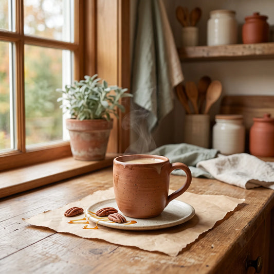 a dessert coffee with pecans and caramel, in a warm kitchen.