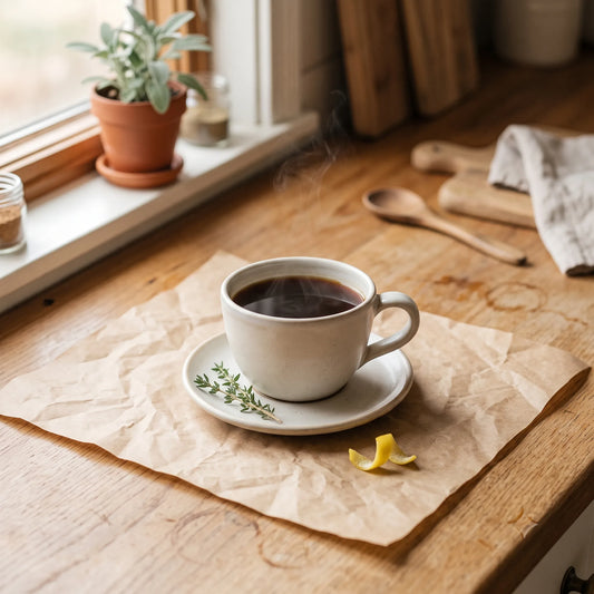 a gentle cup with an herb sprig and lemon twist, in a warm kitchen.