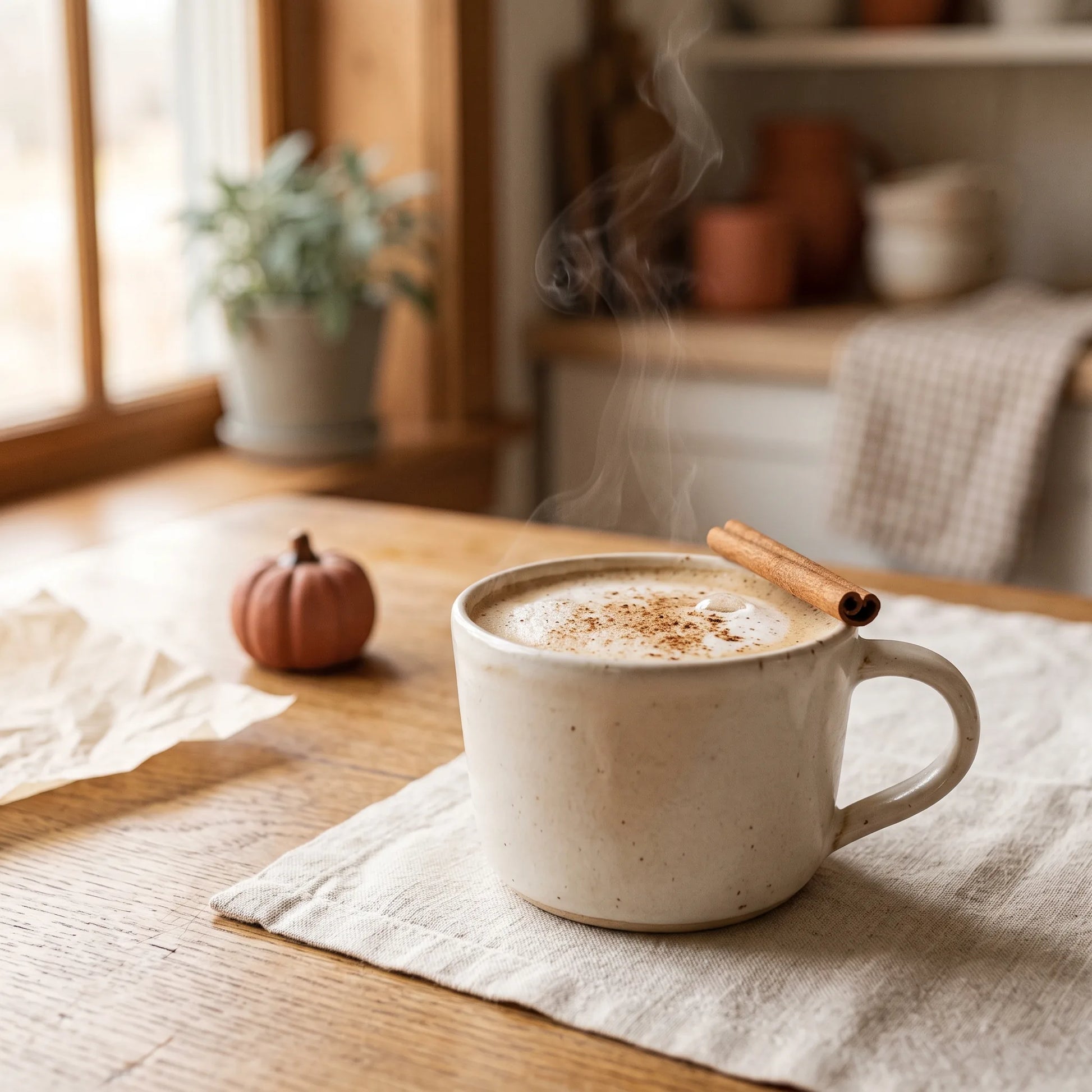 a spiced latte with cinnamon and a small pumpkin, in a warm kitchen.