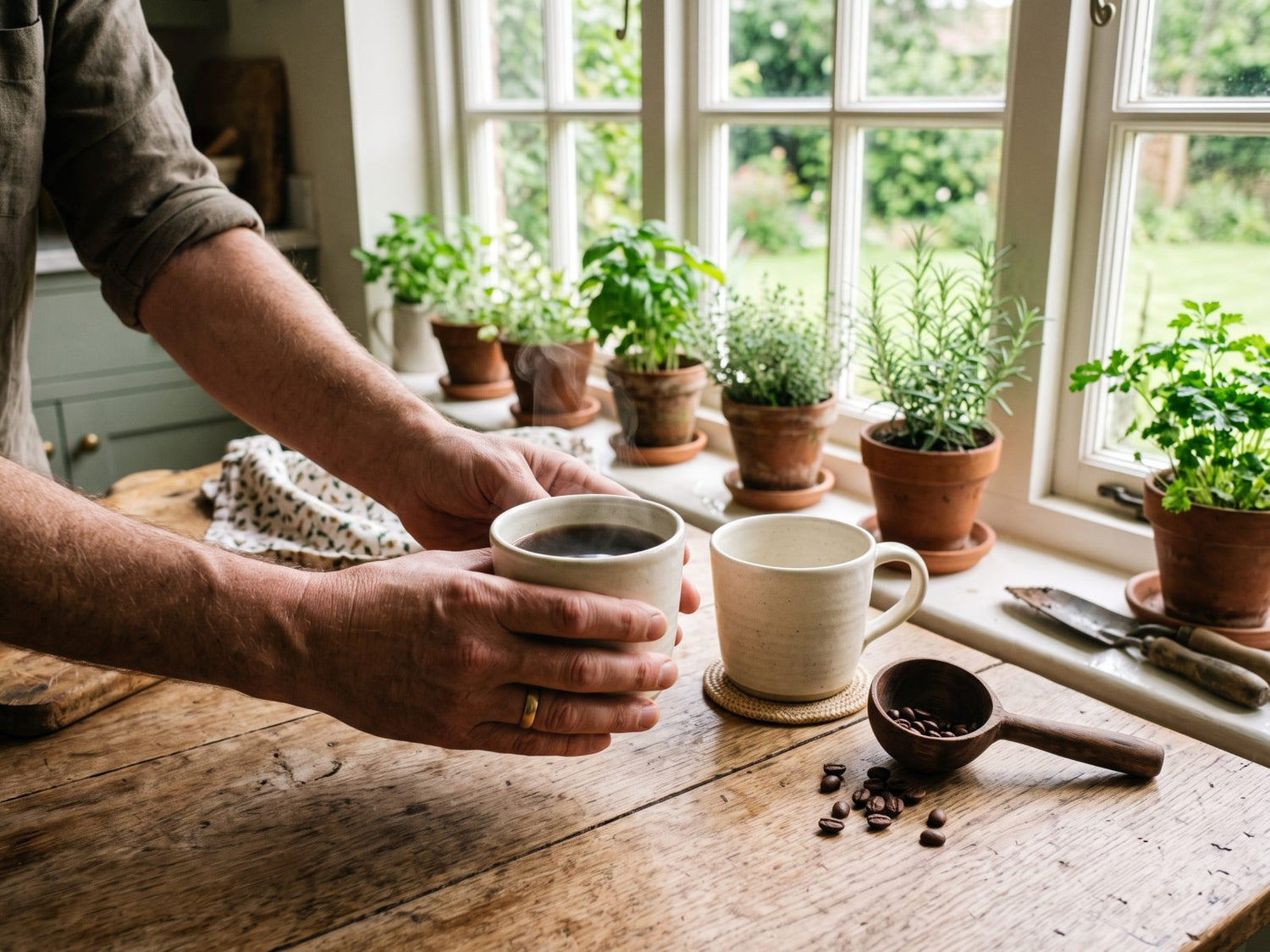 Hands passing a freshly poured mug of coffee across a kitchen table.