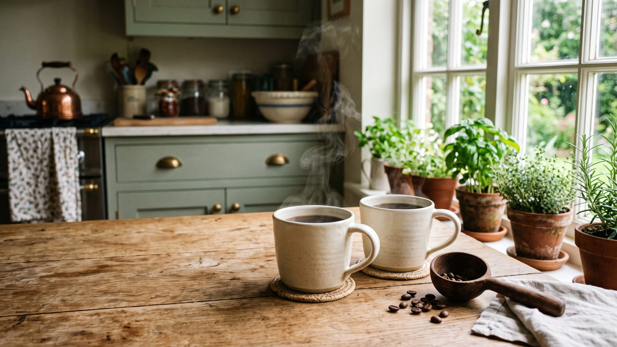 Two mugs of freshly brewed coffee side by side on a kitchen table, ready to share.