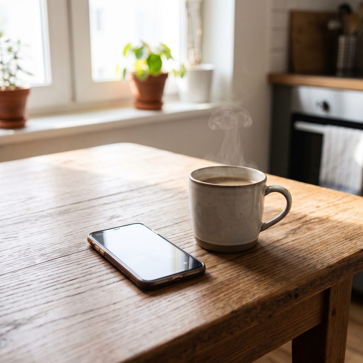 A phone resting beside a steaming mug of coffee on a sunny kitchen table.