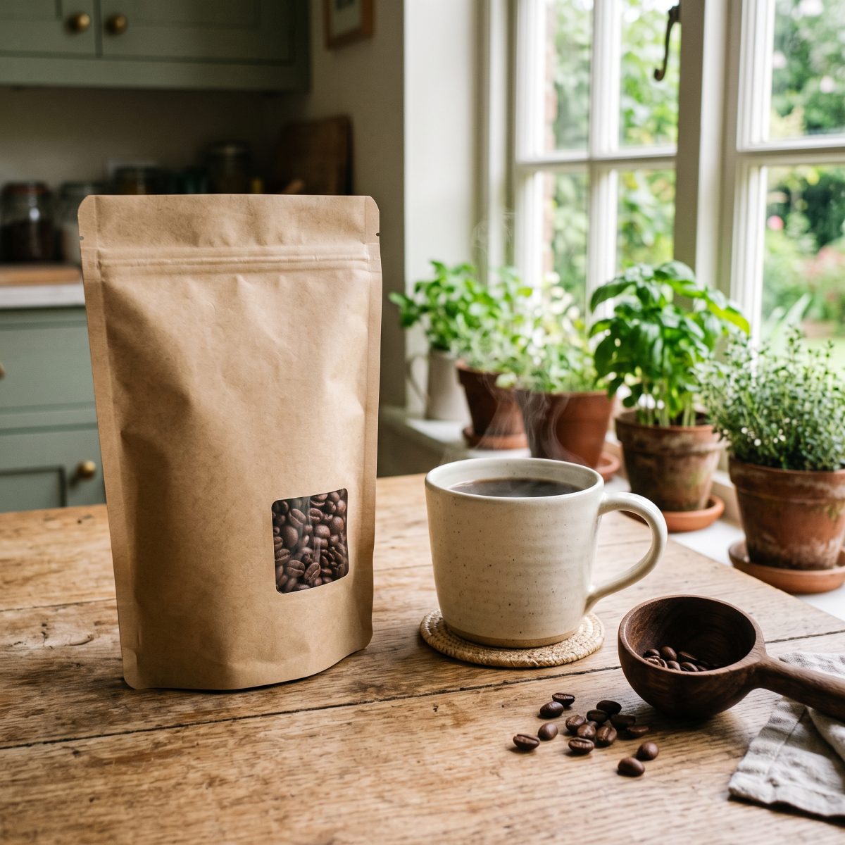 A plain kraft bag of coffee beans next to a freshly poured mug on a wooden counter.