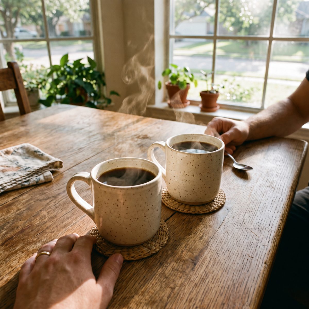 Two people reaching for their own mugs of coffee at a sunny kitchen table.