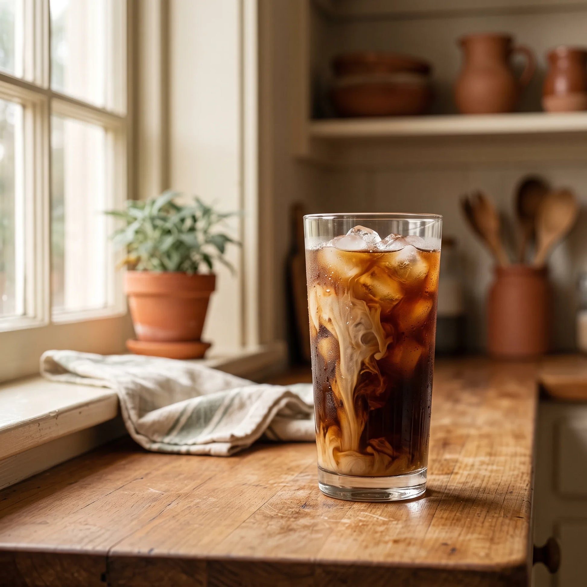cold brew over ice with a swirl of cream, in a warm kitchen.
