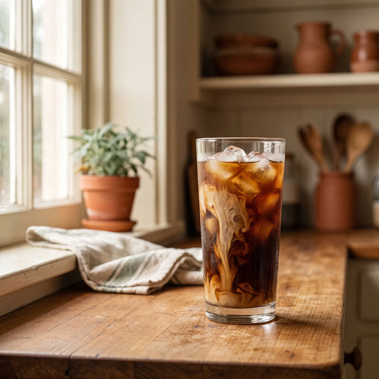 cold brew over ice with a swirl of cream, in a warm kitchen.