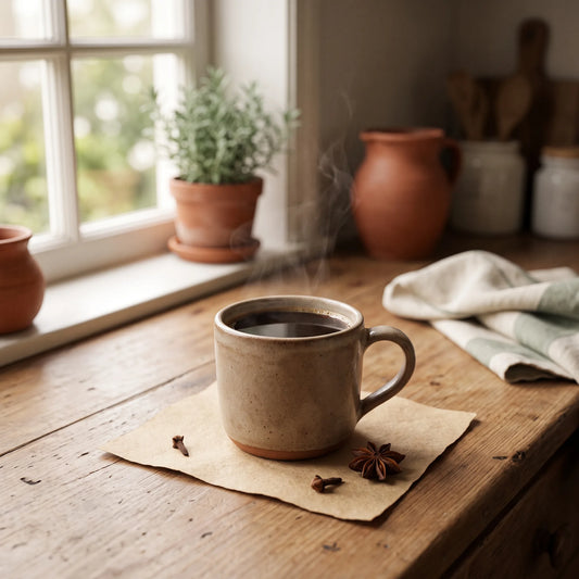 a deep, spiced coffee with star anise and cloves, in a warm kitchen.