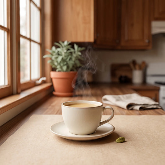 a delicate, tea-like coffee with a cardamom pod, in a warm kitchen.