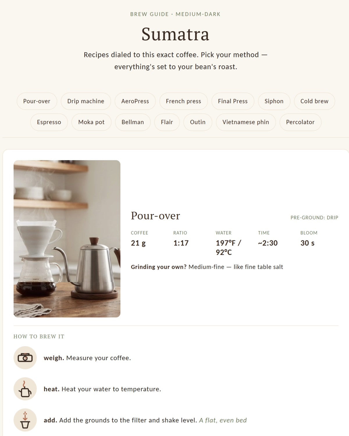 The Sumatra recipe page on drinknairi.com, with brewing methods and step-by-step instructions