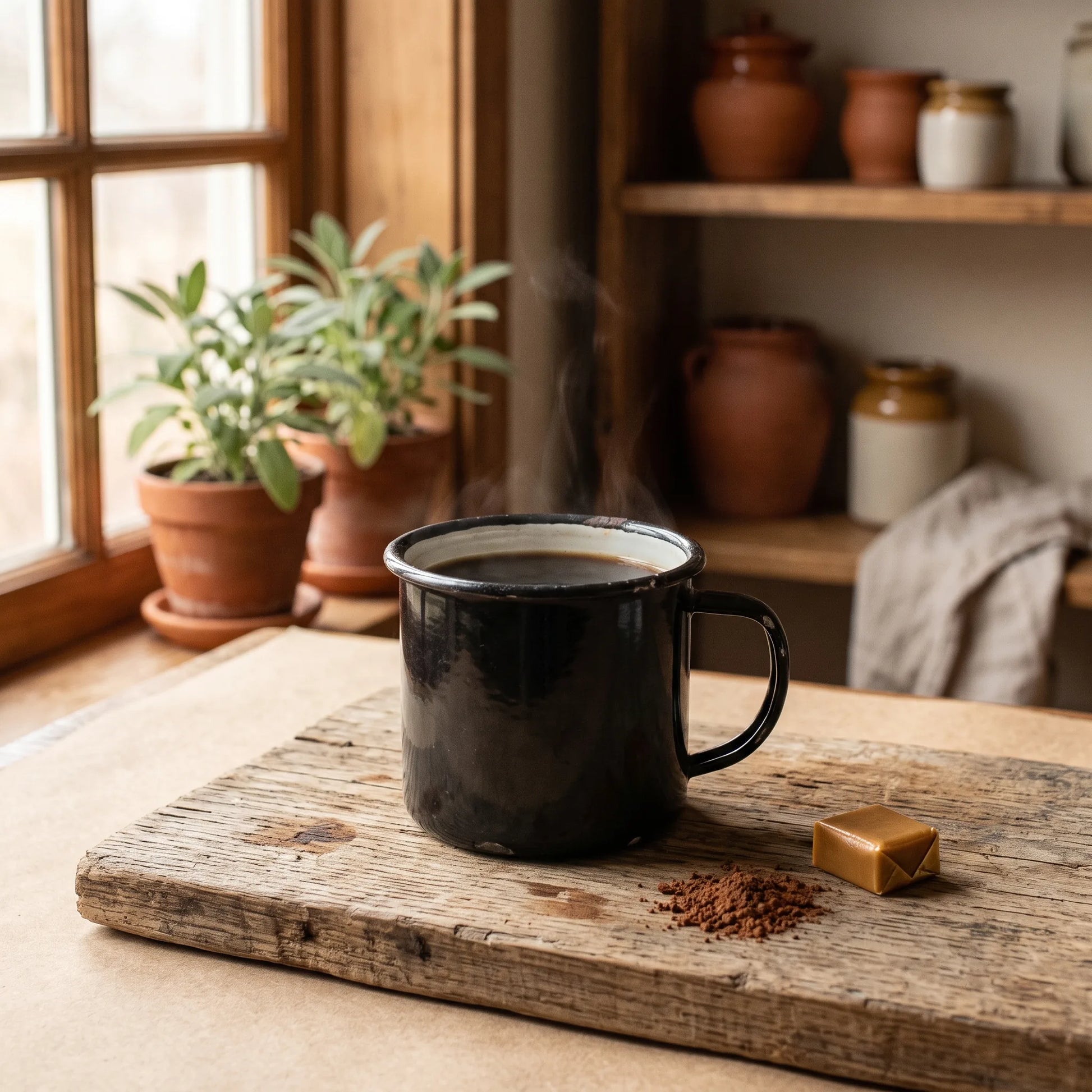 a rugged enamel mug of coffee with cocoa and caramel, in a warm kitchen.