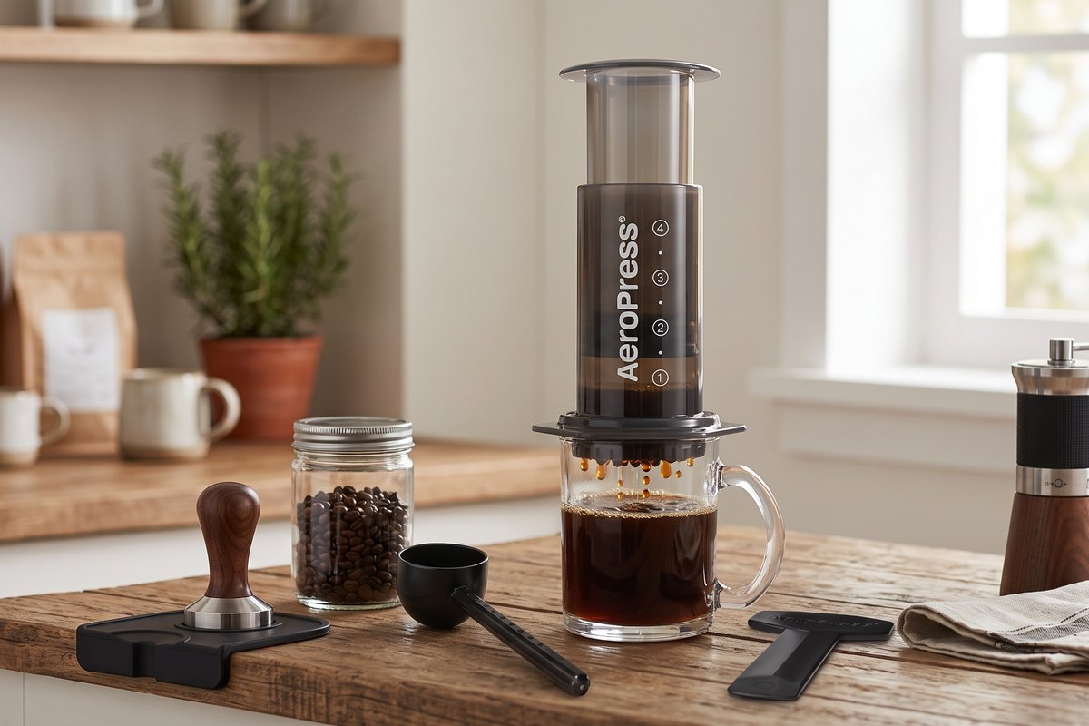 An AeroPress on a kitchen counter beside a mug.