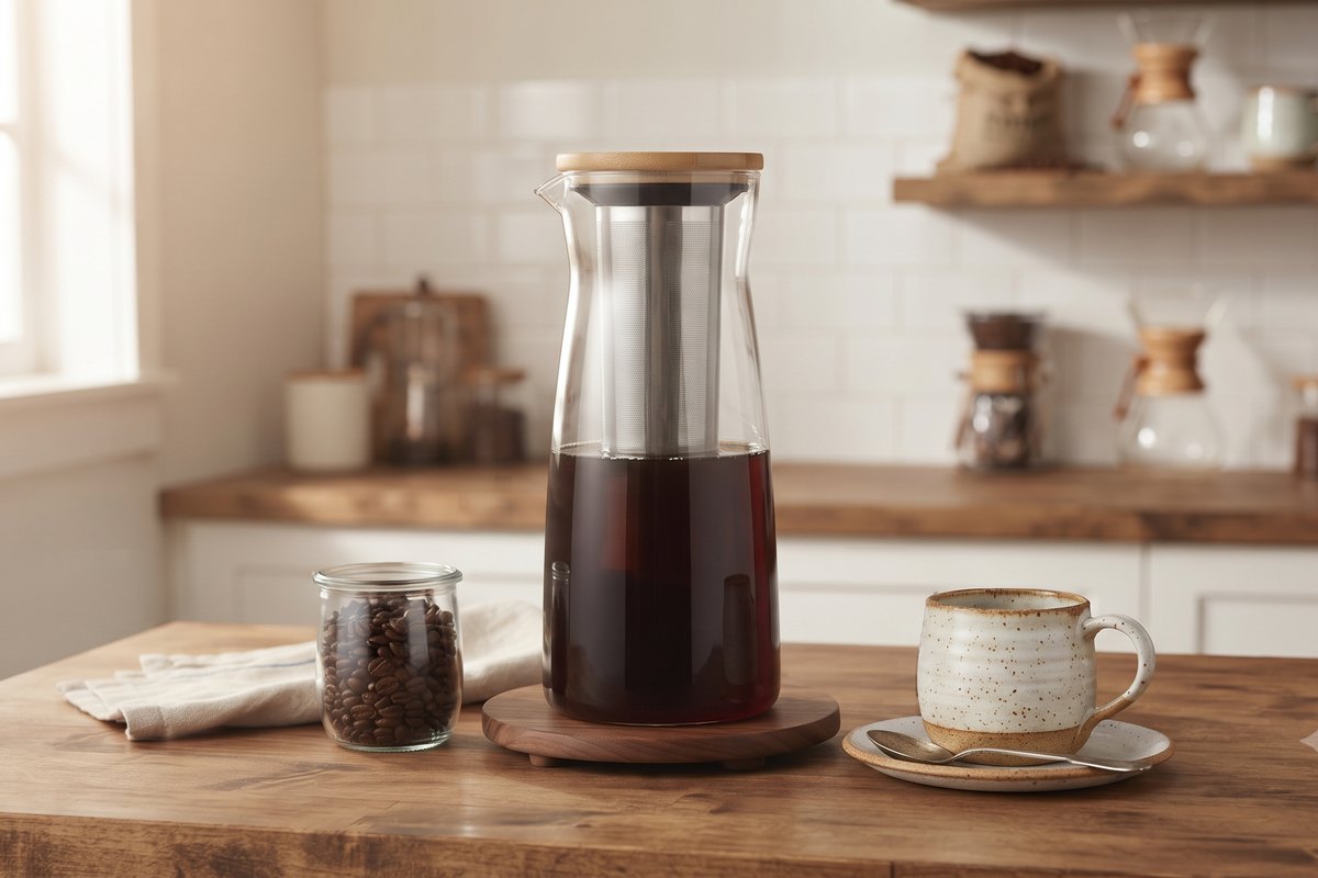 A jar of cold brew steeping on a kitchen counter.