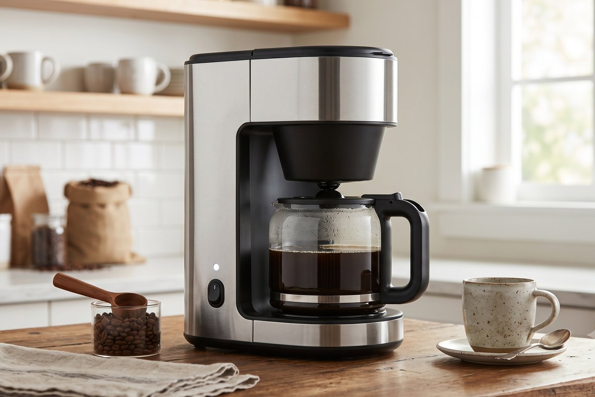 A drip coffee maker on a warm kitchen counter.