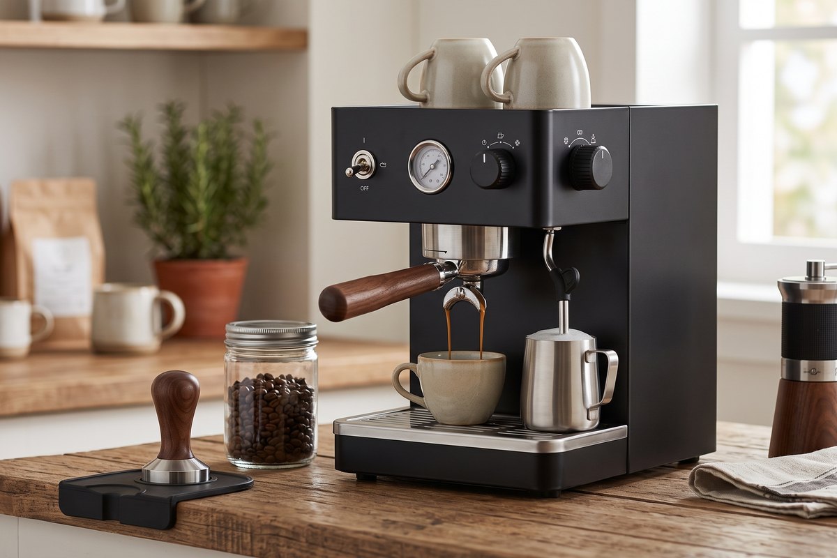 An espresso machine with a portafilter on a warm counter.