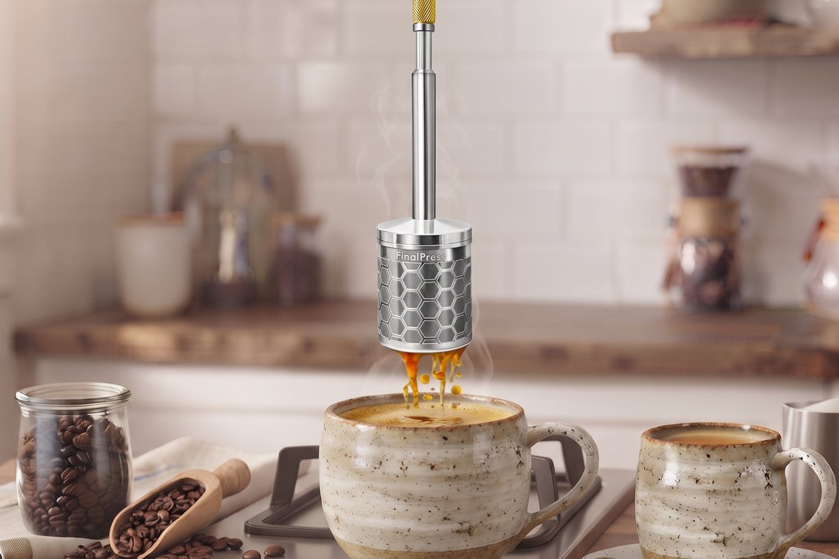 A Final Press brewer on a kitchen counter.