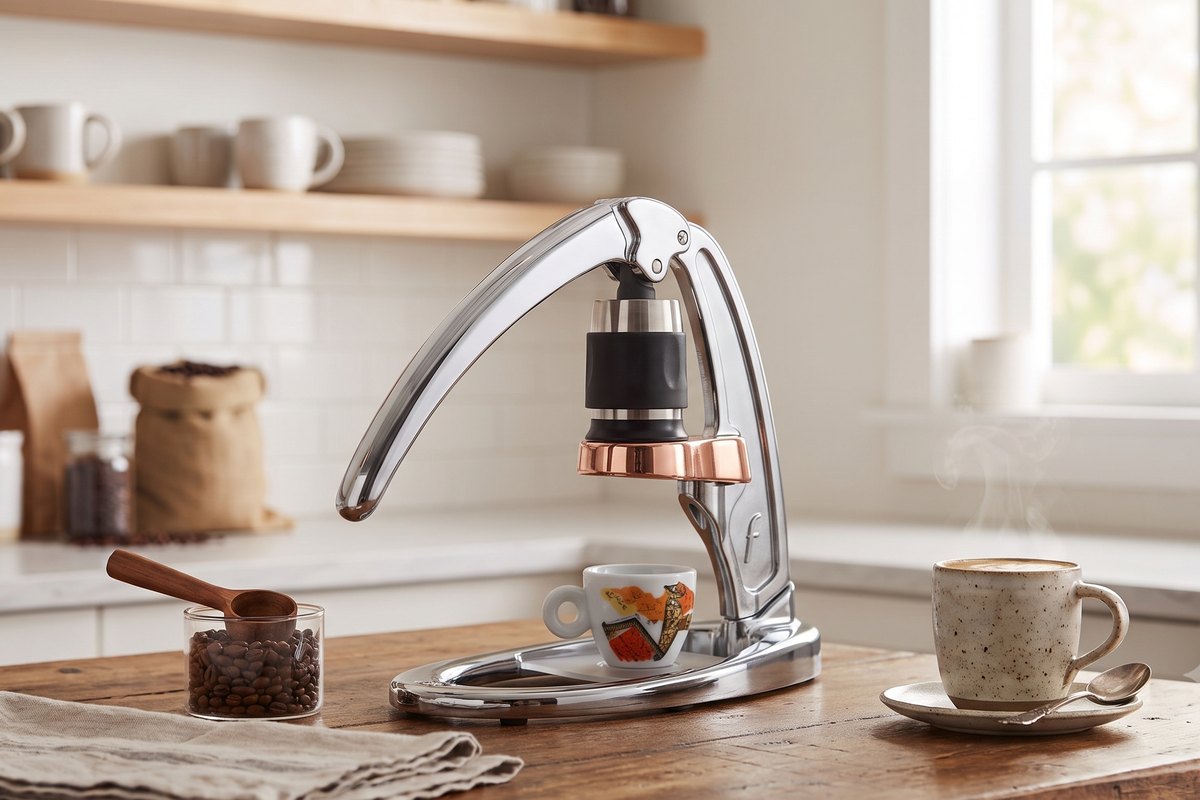 A Flair lever espresso press on a wooden counter.
