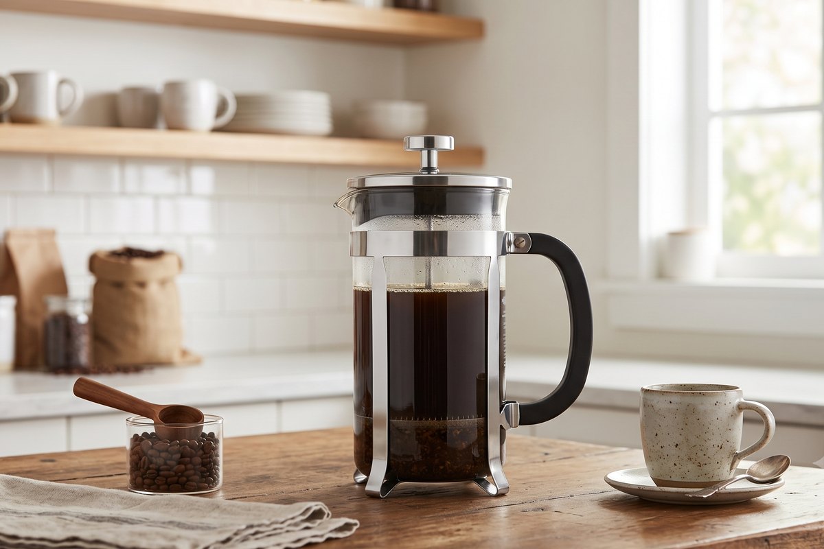 A French press on a kitchen counter, coffee steeping.