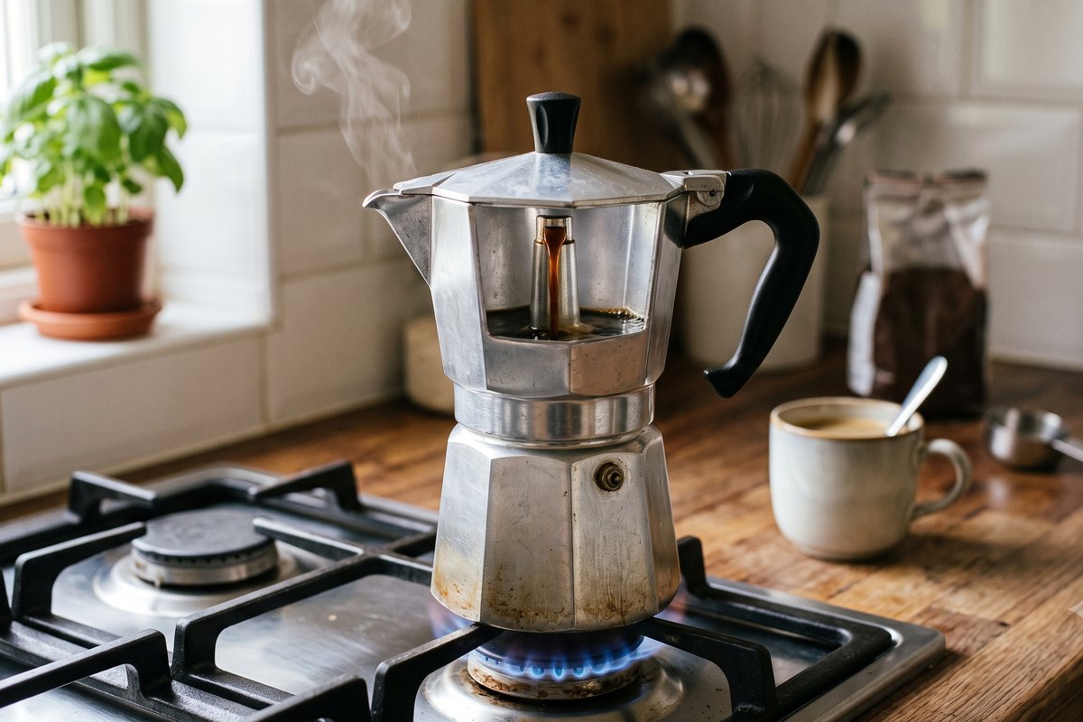 A moka pot on a stovetop in warm morning light.
