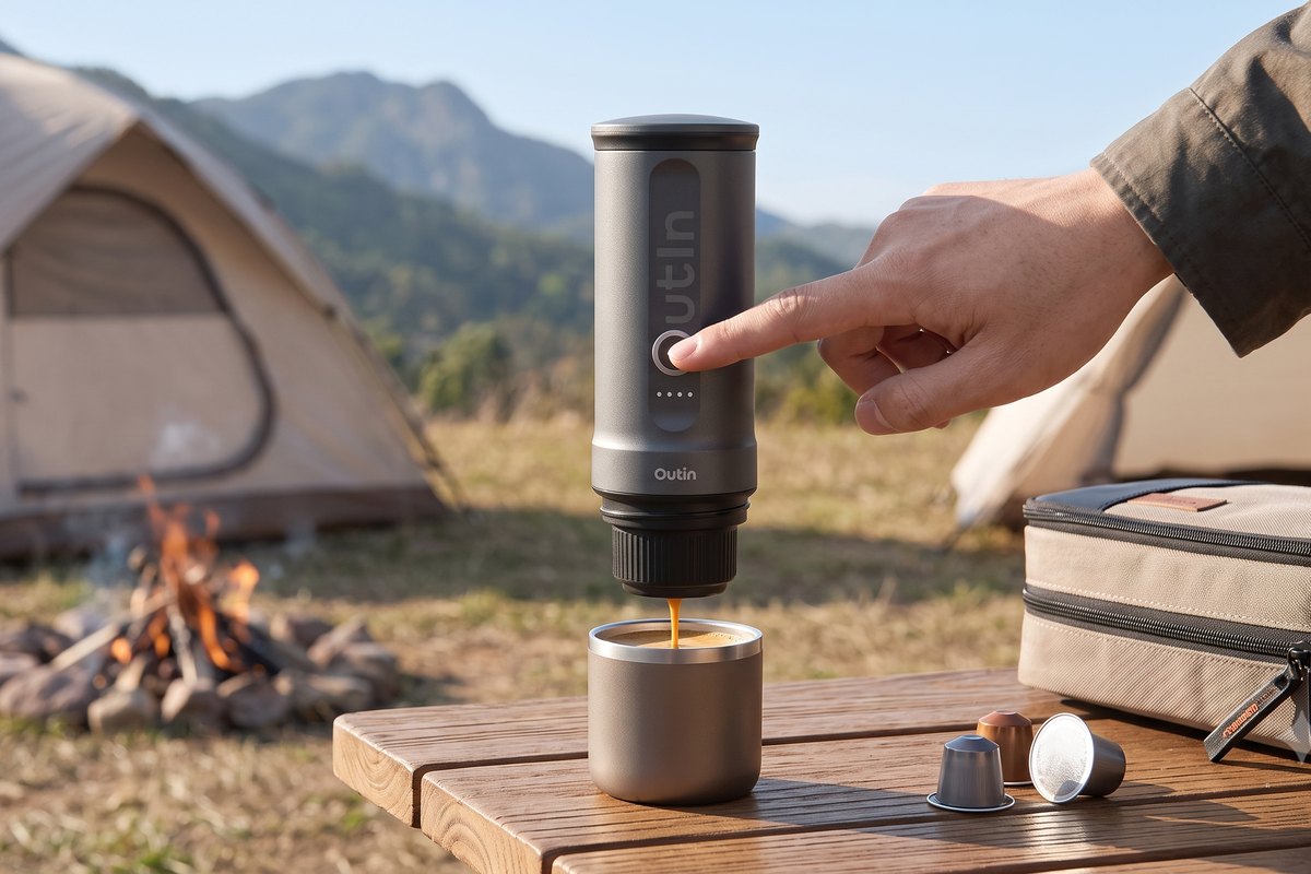 A portable electric espresso maker on a kitchen counter.