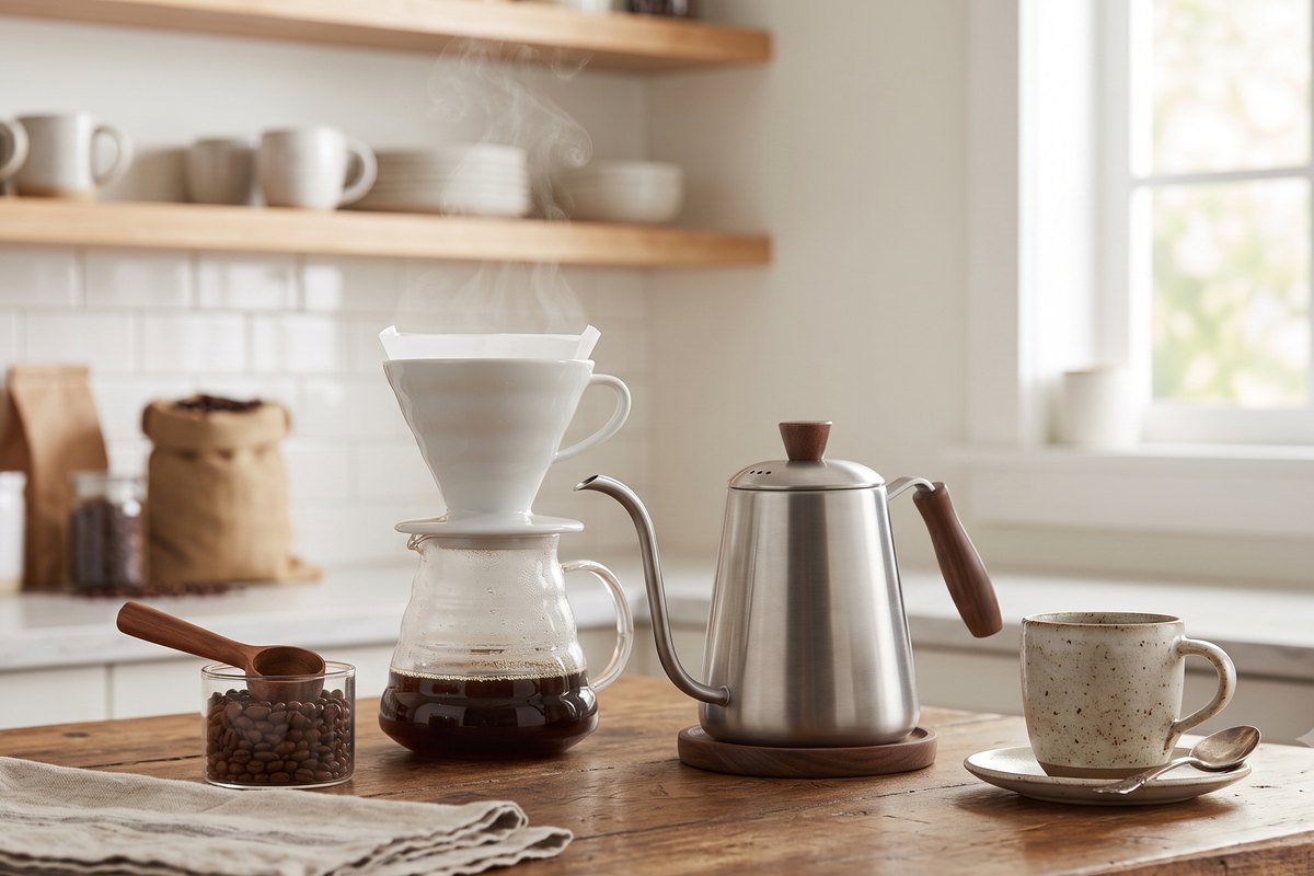 A pour-over cone and kettle on a wooden counter.